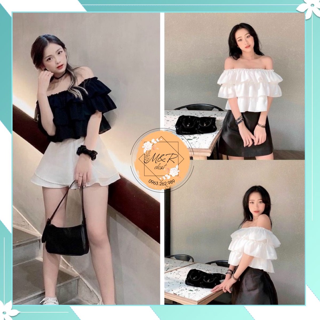 🎀Áo trễ vai 3 tầng ngắn tay có 2 màu Đen, Trắng, chất von lụa cực mềm, mát, mịn 💕