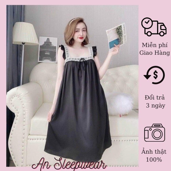 Đầm Mặc Nhà, Váy Ngủ Nữ Tay Bèo Phối Ren,Có Kèm Quần , Chất Lụa Satin Mát, Phom Rộng Dưới 58kg