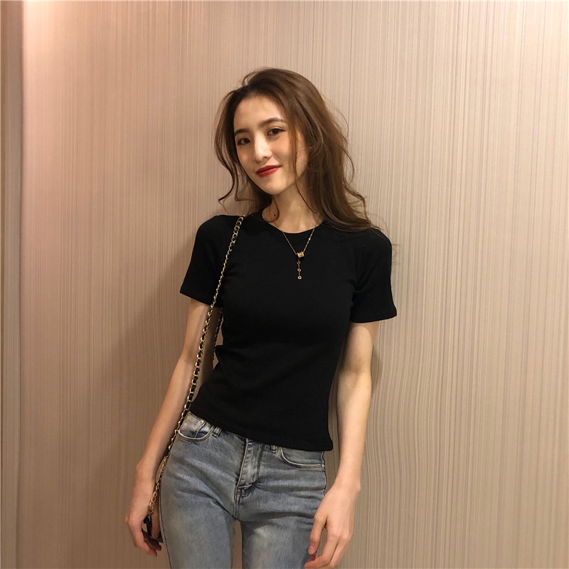 SUXI Áo Thun Tay Ngắn Cổ Tròn Màu Sắc Đơn Giản Phong Cách Hàn Quốc Cho Nữ