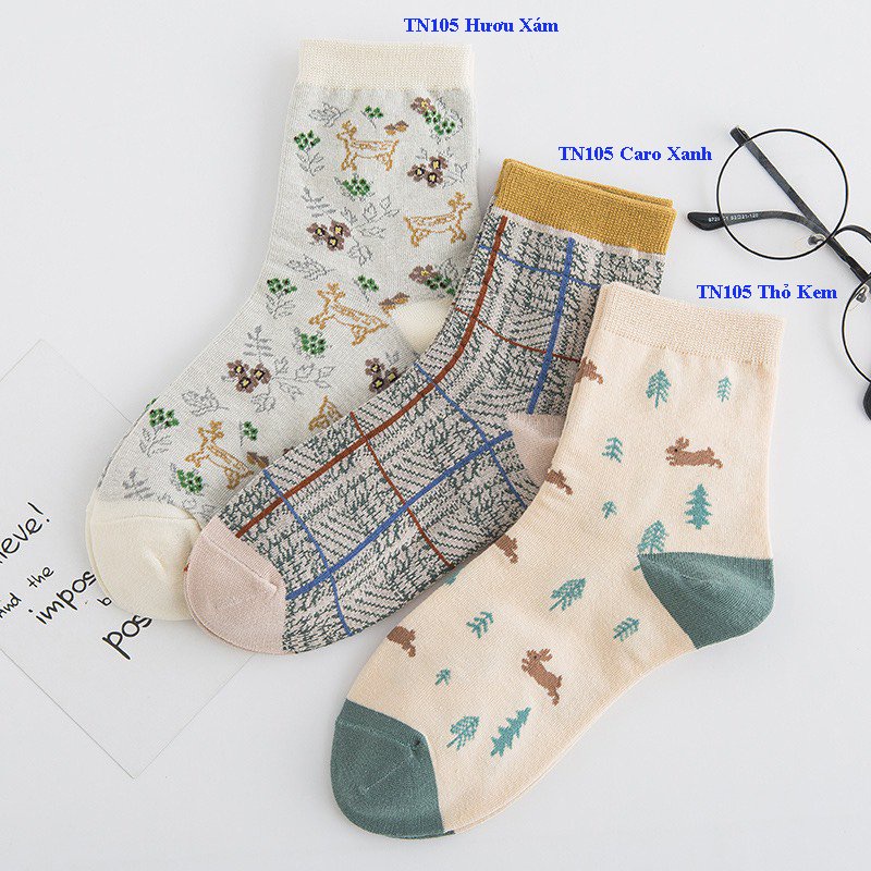 Set 3 đôi tất cổ cao Bivota vớ nữ cotton thu đông họa tiết siêu xinh T103