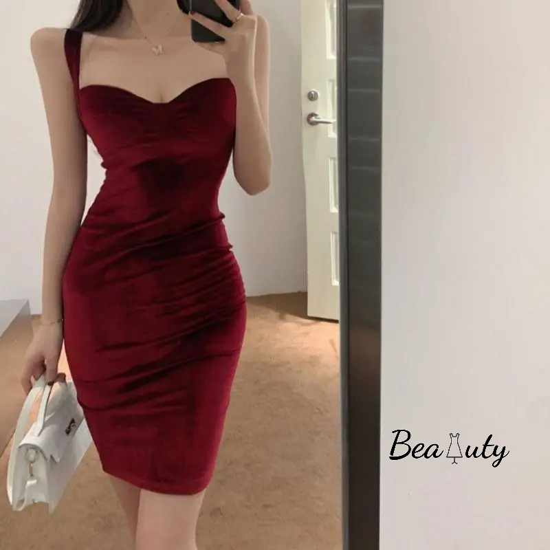 [MURIOKI] Đầm Nhung Hai Dây Ôm Dáng Họa Tiết Hoa Hồng Phong Cách Pháp Thời Trang Cao Cấp Quyến Rũ Cho Nữ