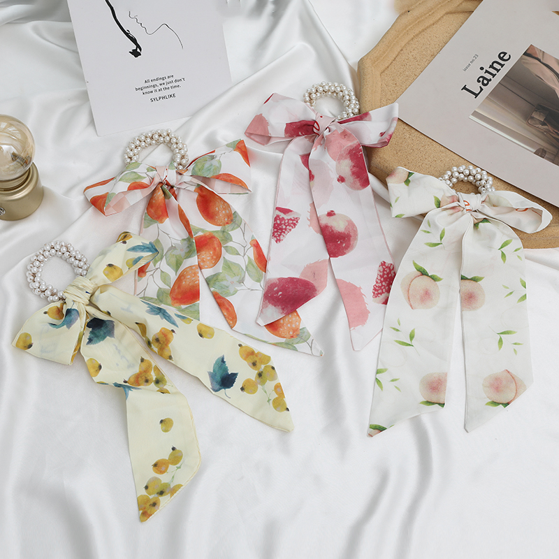 Dây Cột Tóc Ruy Băng Đính Ngọc Trai Hình Trái Cây Phong Cách Hàn Quốc Cho Nữ