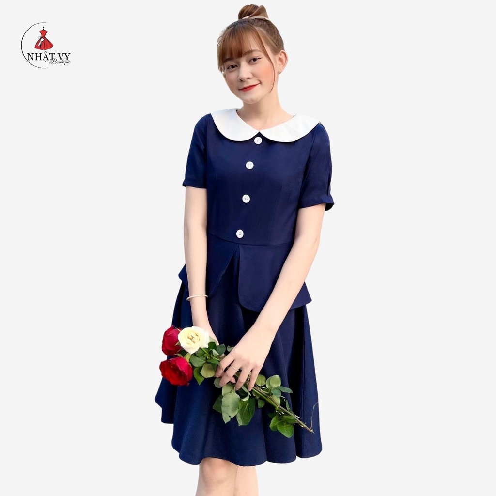 Đầm Công Sở NHẬT VY Dáng Xòe Cổ Tròn Tay Ngắn Chất Kaki Thun Màu Xám, Xanh Đen, Đỏ - D2210