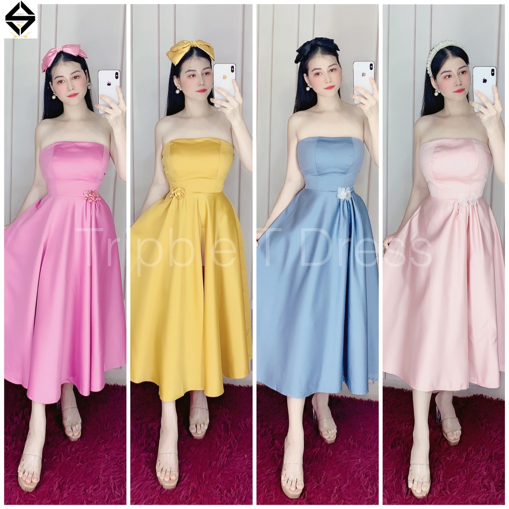 Đầm xoè cúp ngực phối hoa eo chất lụa taffeta sang trọng TRIBLE T DRESS - size M/L - MS241V