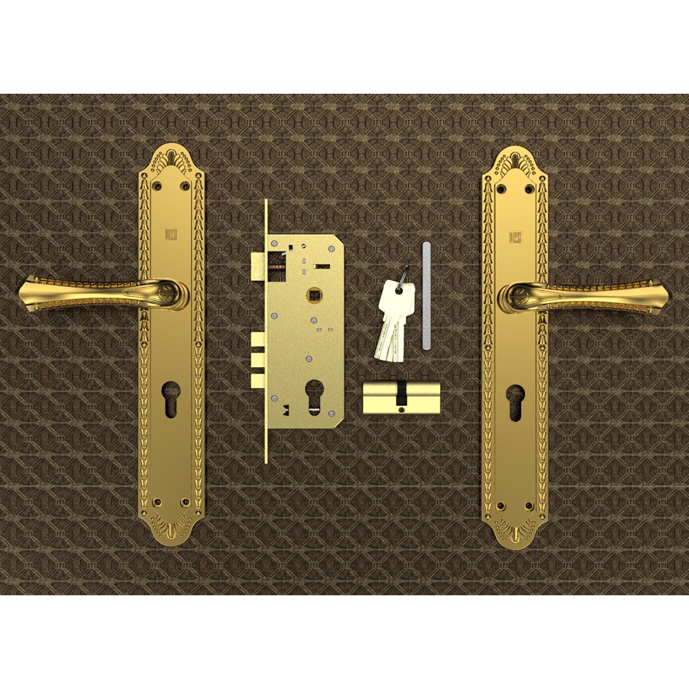 Khoá tay nắm đồng thau Huy Hoàng HC 8561 Đại PVD Gold - Sử dụng cho cửa gỗ lớn, 2 cánh hoặc 4 cánh