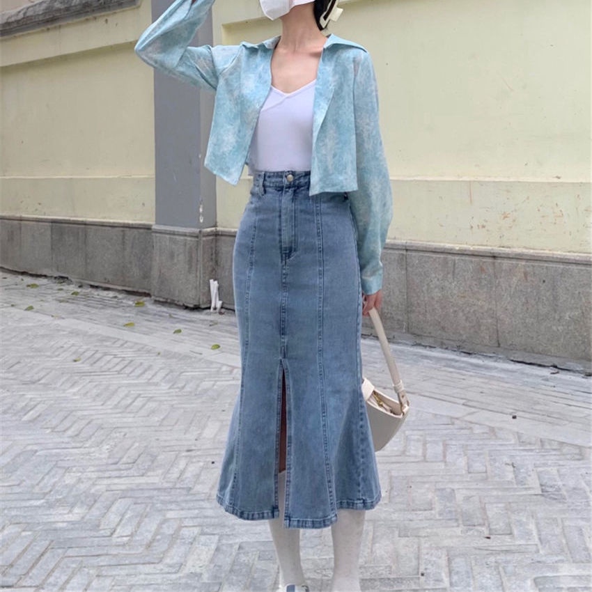 Summer Korean version of the new ins high waist split fishtail denim skirt women