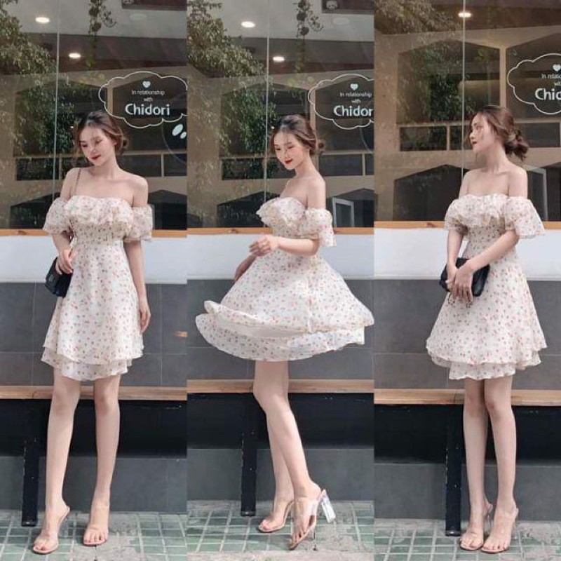 (Về sẵn màu kem)Đầm hoa trễ vai tay bèo mút ngực | BigBuy360 - bigbuy360.vn
