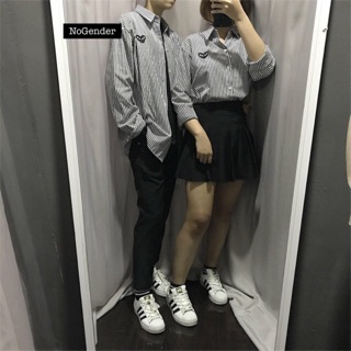 sơ mi sọc đen thêu tim đen