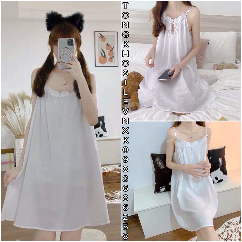 Váy Trắng 2 Dây Kiểu Cổ Yếm Viền Bèo Khoét Ngực Lưng Mặc Hai Kiểu - Đầm Ngủ Nữ Trắng Suông Ulzzang