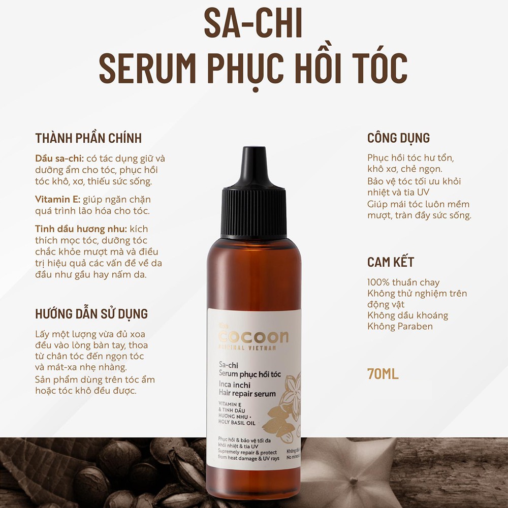 Serum Tóc Cocoon Sachi Phục hồi tóc hư tổn, khô xơ, chẻ ngọn 70ml - Vegan Society - Mỹ phẩm thuần chay Việt Nam