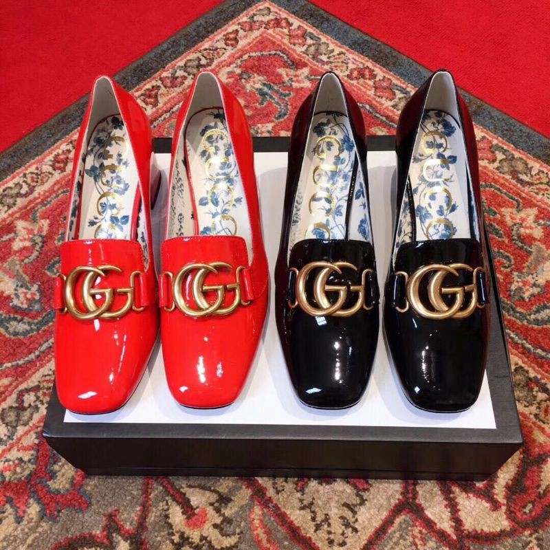 giày cao gót nữ da thật mũi vuông quai logo GG đế 5cm Gucci GC