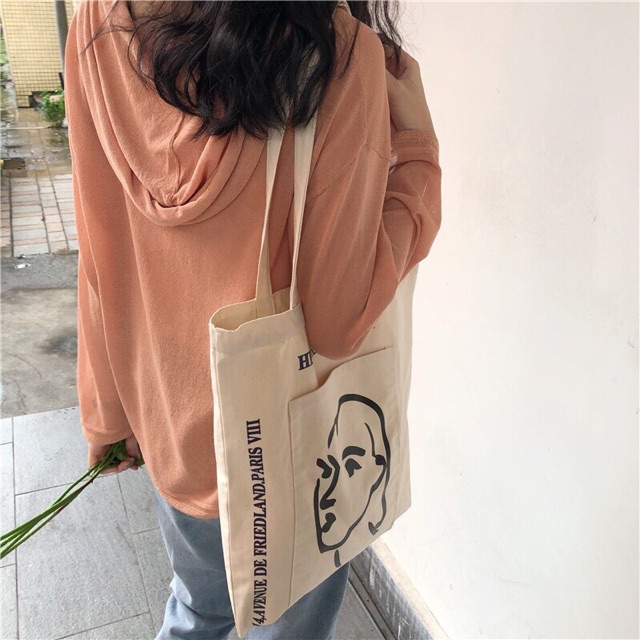 Túi Tote Vải Canvas Đeo Vai Phong Cách Vintage Hình Cô Gái