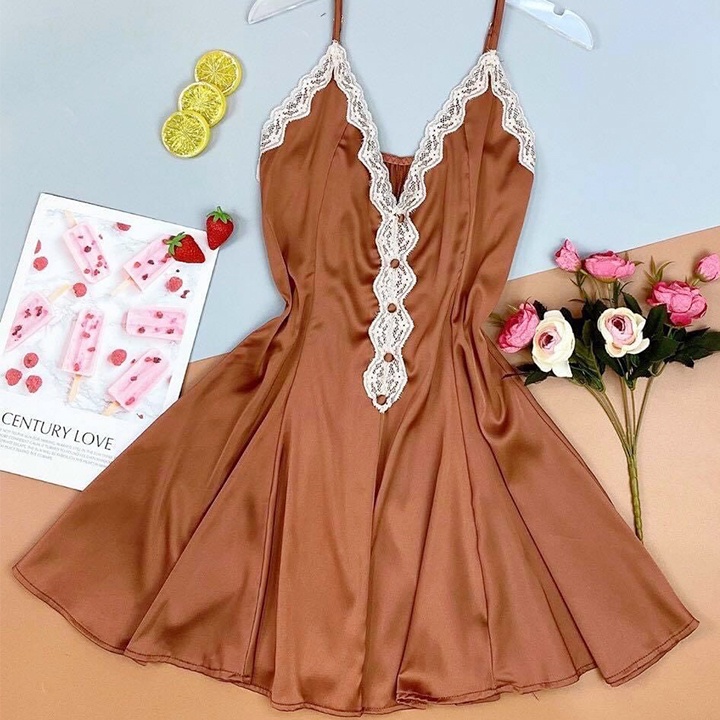 Váy ngủ lụa sexy cao cấp cúc bọc dáng xòe gợi cảm BT0018C