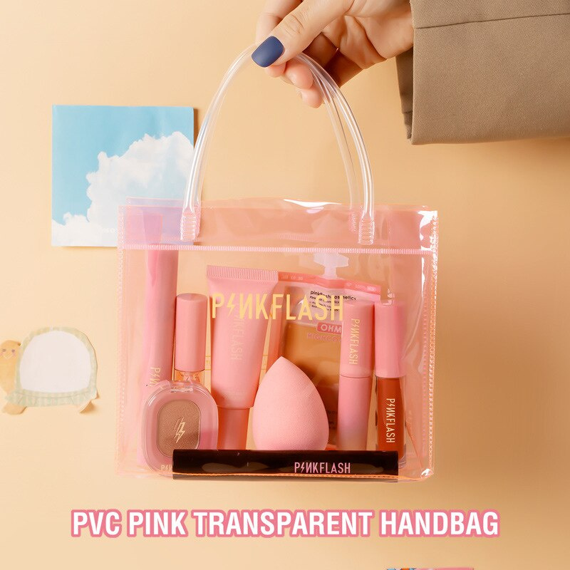 Túi Đựng Mỹ Phẩm Bằng Nhựa Pvc Trong Suốt Chống Nước Thiết Kế Đơn Giản Màu Hồng Tiện Dụng