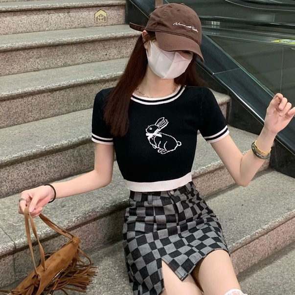 Áo thun dệt kim ZHELIHANGFEI ngắn tay lưng cao thêu họa tiết màu sắc tương phản