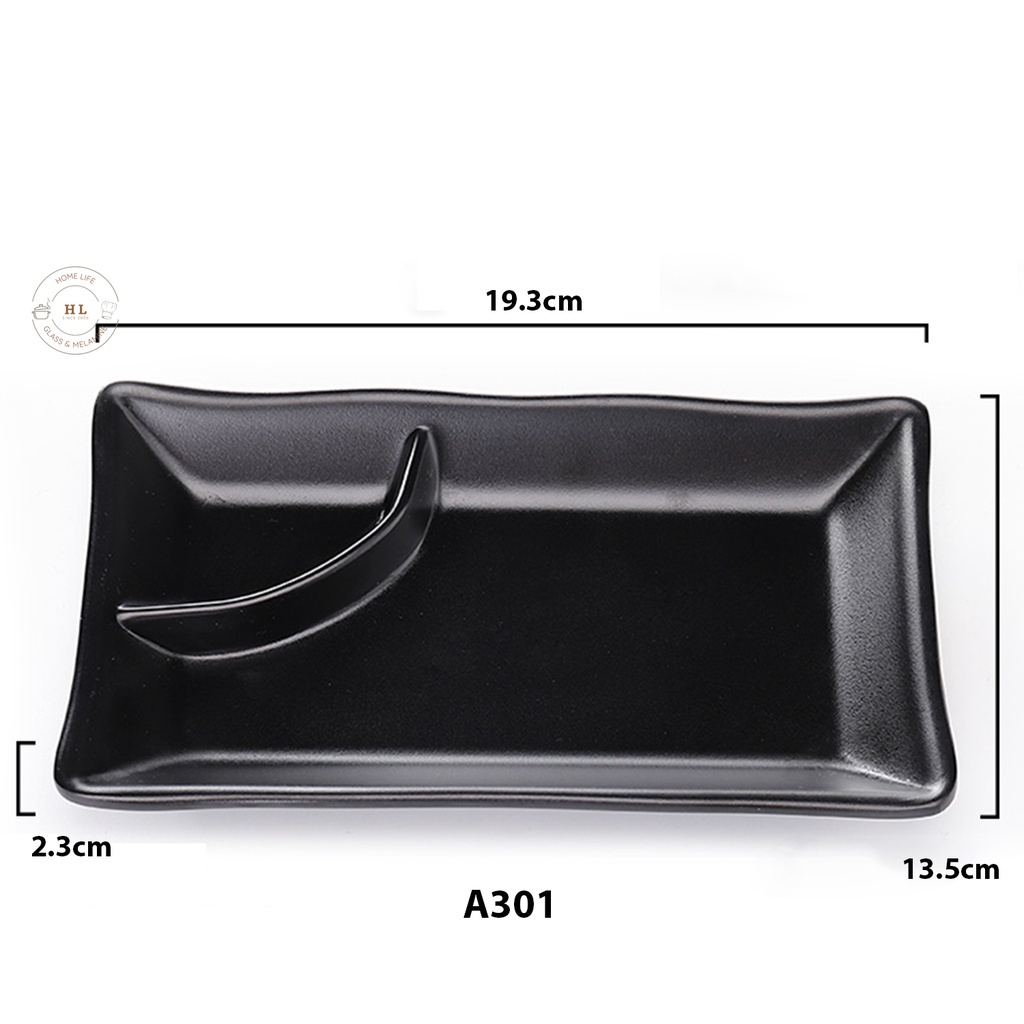 ĐĨA MELAMINE ĐEN A301 3111 CHỊU NHIỆT CÓ KHAY CHẤM CHO NHÀ HÀNG CAO CẤP | ĐĨA CHỮ NHẬT ĐEN NHÁM CHIA NGĂN MELAMINE A5