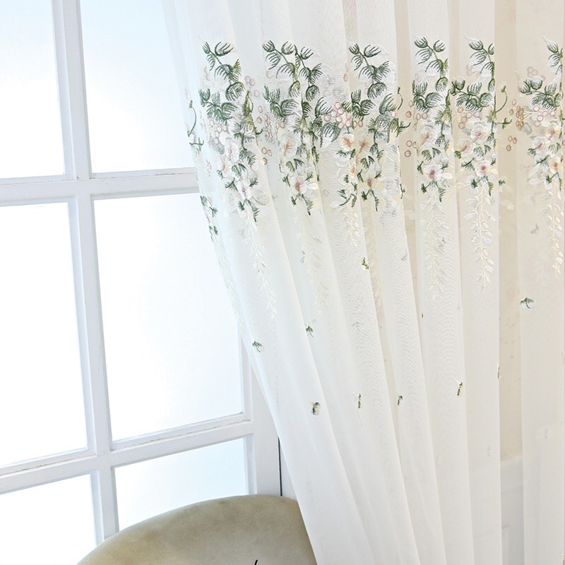 Vải rèm voan thêu hoa thiên lý, chân ren thêu sẵn