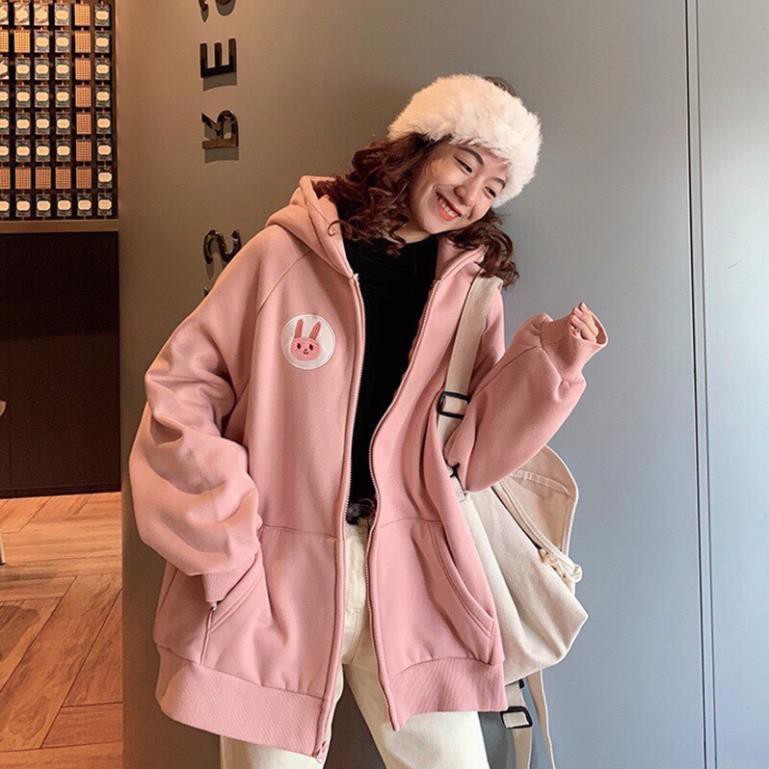 Shopmykieu Áo khoác hoodie In Hình Logo Thỏ form rộng, dành cho nữ chất nỉ ngoại Có Dây Kéo Unisex ulzzang XUKA SHOP