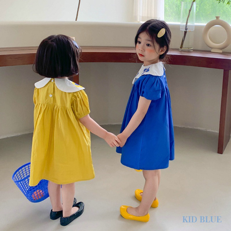 Đầm Công Chúa Mùa Hè Tay Phồng Cổ Bẻ In Họa Tiết Hoa Dễ Thương Phong Cách Hàn Quốc Cho Bé Gái
