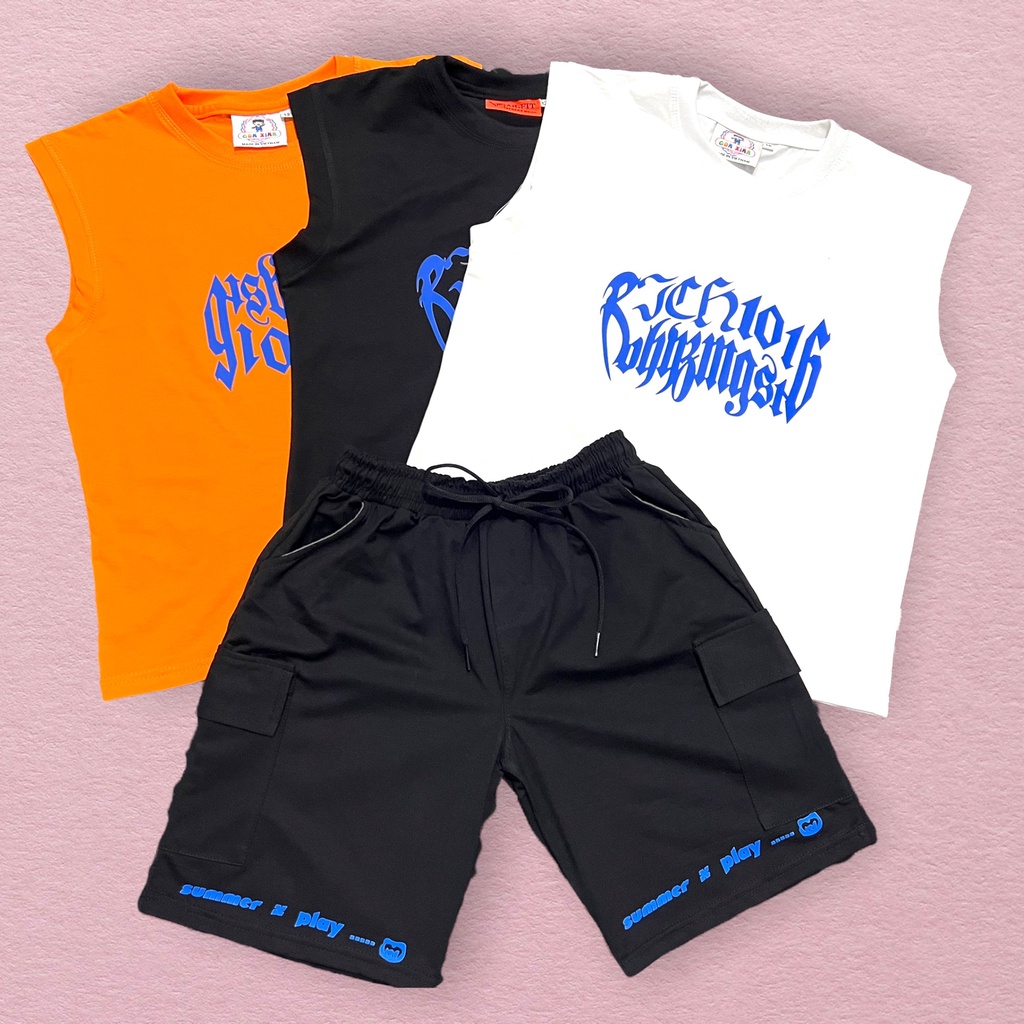 Đồ bộ bé trai Con Xinh coton sát nách hình in họa tiết GHOST101, thời trang mùa hè dành cho trẻ em từ 4 đến 10 tuổi