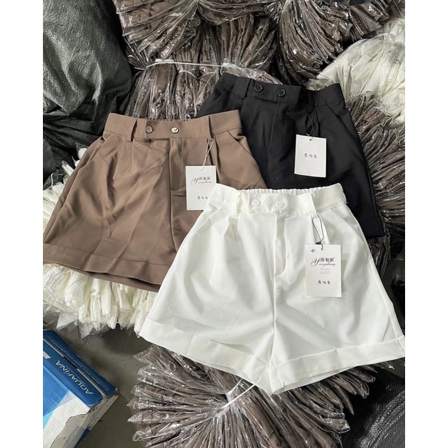Quần short vải cạp cao LƯNG CHUN cạp lệch 2 cúc GẬP GẤU 3 màu vintage