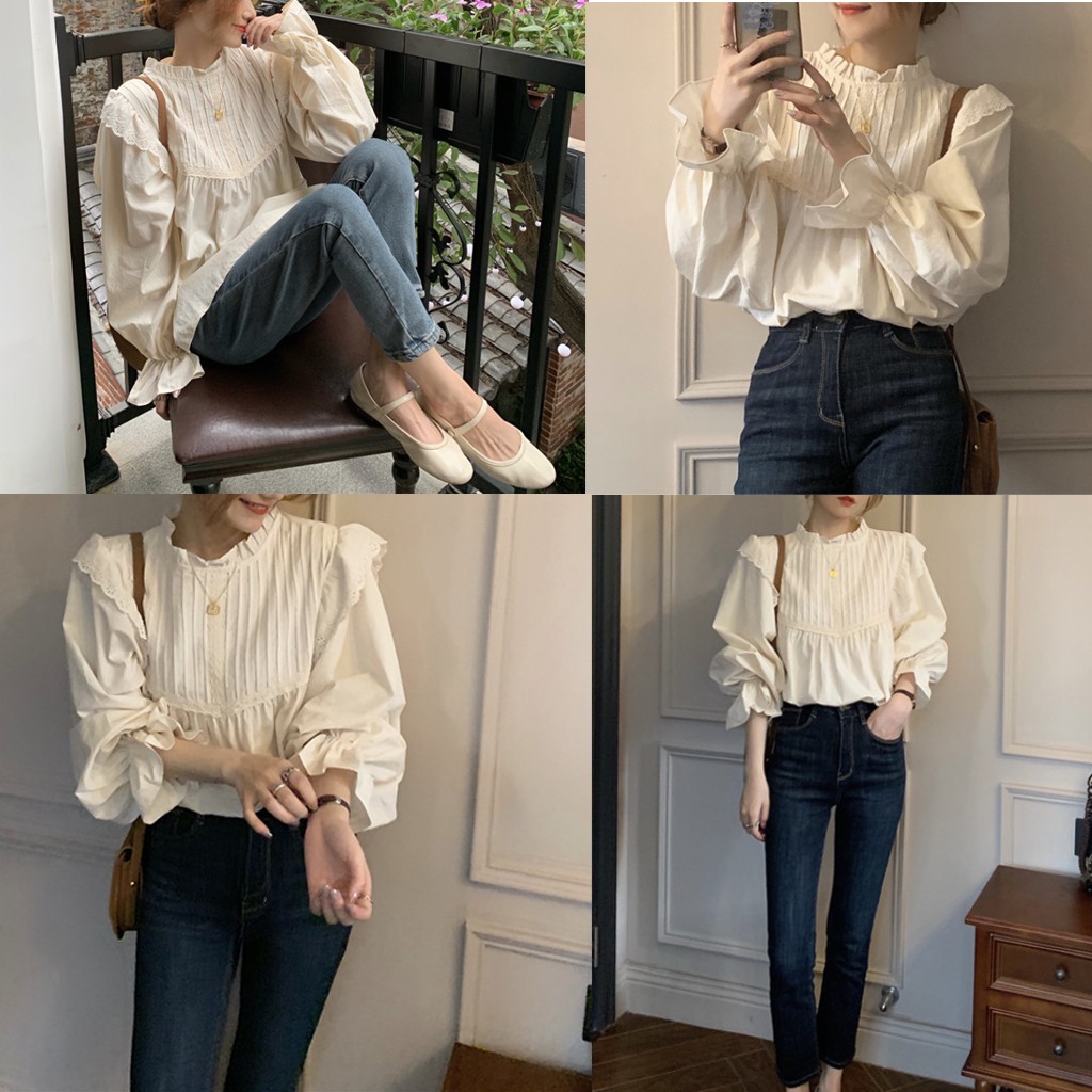 Áo babydoll cánh tiên dài tay, Kiểu áo sơ mi nữ tay bồng xếp ly dọc ngực phối ren -CKA139 | BigBuy360 - bigbuy360.vn