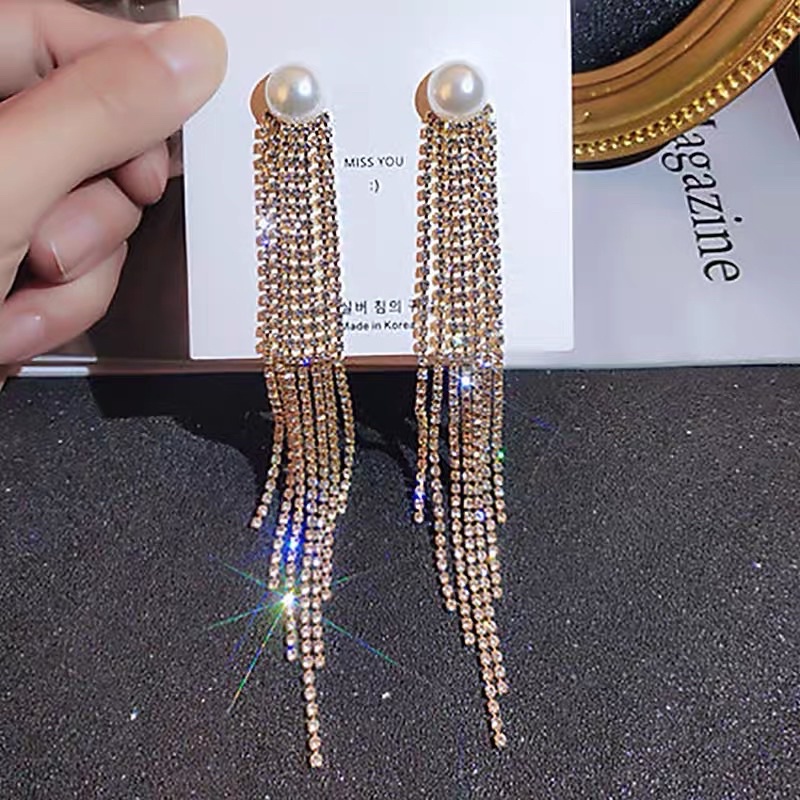 bông tai tuarua dài đính đá siêu sang chảnh, khuyên tai thả dài đá zircon phong cách siêu sao hàn quốc