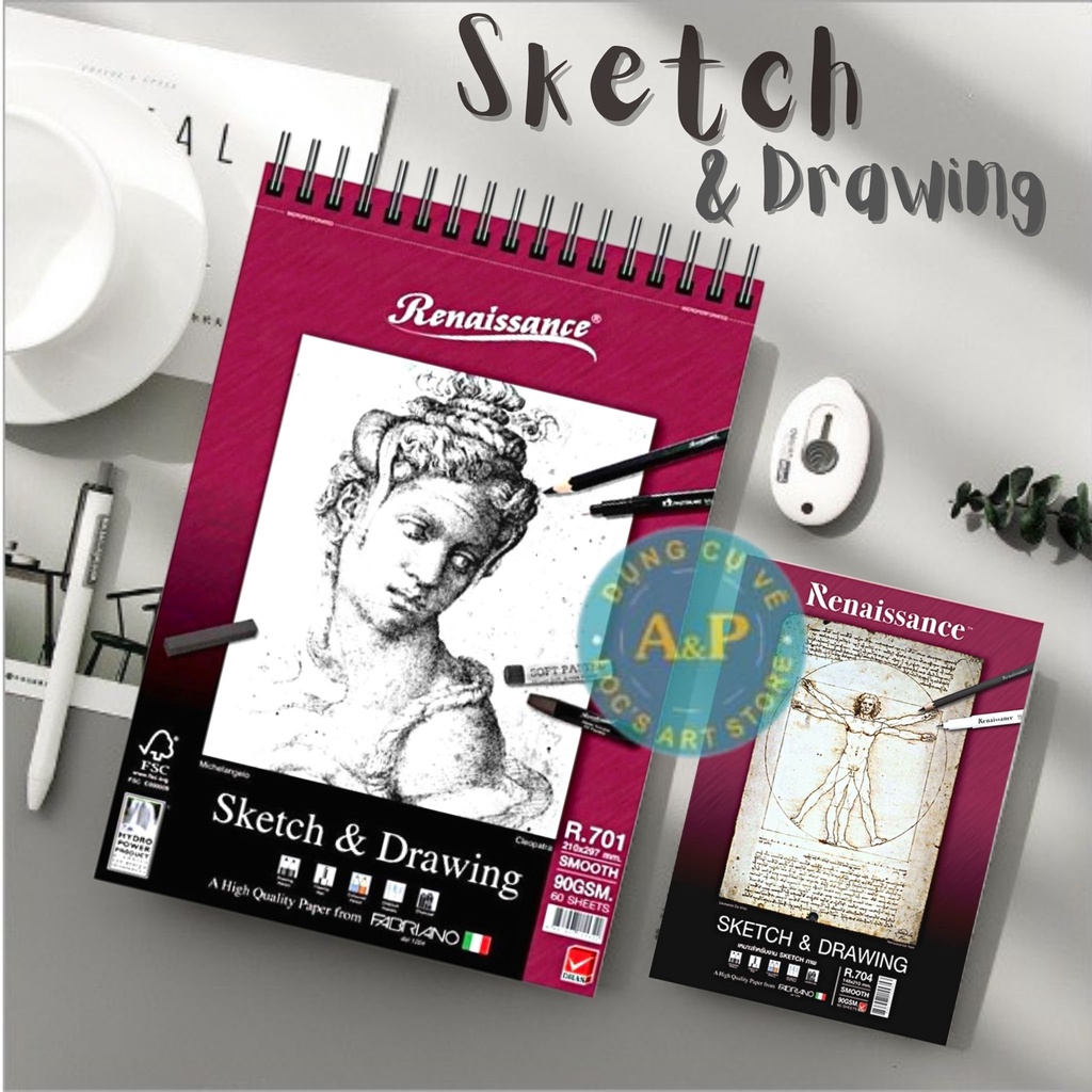 Sổ vẽ Sketch &amp; Drawing Renaissance vân Smooth 90gsm 60 tờ