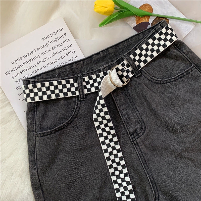 Thắt lưng canvas họa tiết kẻ ô trắng đen thời trang unisex cổ điển 22527