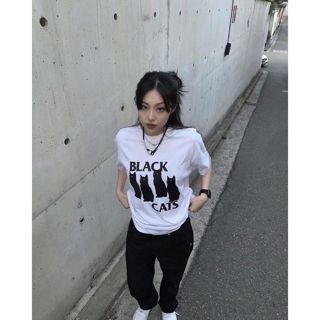 Áo thun Hàn Quốc Black Cats phong cách basic Treminal màu trắng - A036