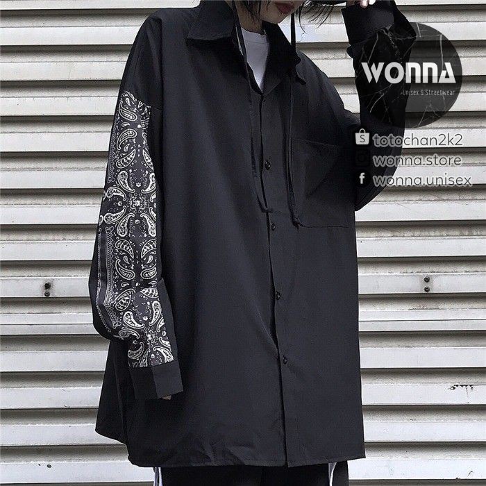 (ORDER) Áo sơ mi đen phối họa tiết dài tay unisex ulzzang oversize form rộng street style Hàn
