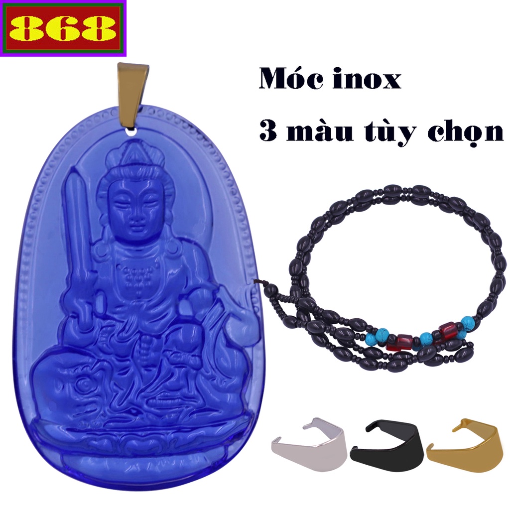 Vòng cổ mặt Phật tuổi Mão - Dây hạt gạo đen Văn thù pha lê xanh dương VHGEFLXDB8