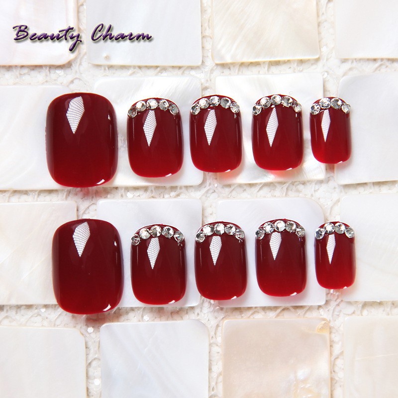 24pcs Detachable Wearable Fake Nails press on autumn and winter wine red color with  diamond factory direct