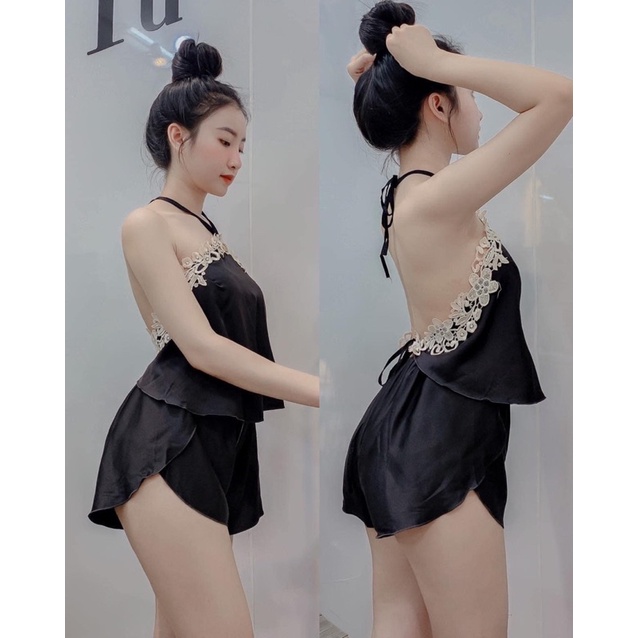 Bộ yếm ngủ sexy, set yếm ngủ nữ 2 dây cột nơ lưng lụa latin mềm mịn mặc ngủ thoải mái sang trọng Freesize < 60kg