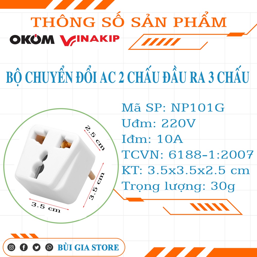 Phích chuyển đổi 3 chấu sang 2 chấu Vinakip 10A