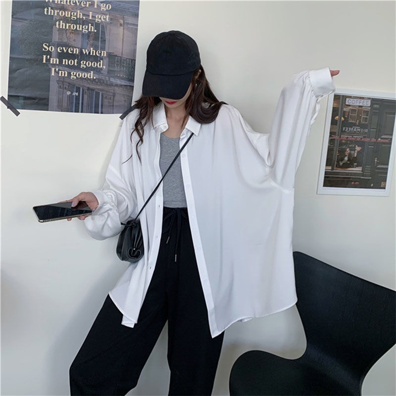 Jiashucheng Áo Khoác Sơ Mi Tay Dài Phồng Vải Lụa Lạnh Mỏng Dáng Rộng Chống Nắng Phong Cách Hàn Quốc Dễ Phối Đồ Cho Nữ