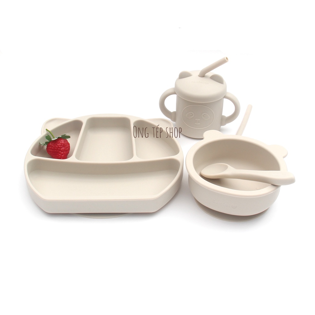 Set ăn dặm silicon cho bé: bát ăn dặm silicon, muỗng silicon, khay silicon chống lật, yếm silicon, cốc tập hút silicon