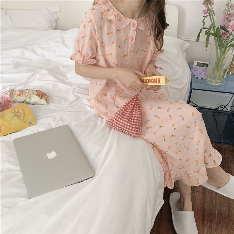 Đồ ngủ Công Chúa Dài Qua Gối Chất Liệu Cotton Phối Lưới Phong Cách Hàn Quốc