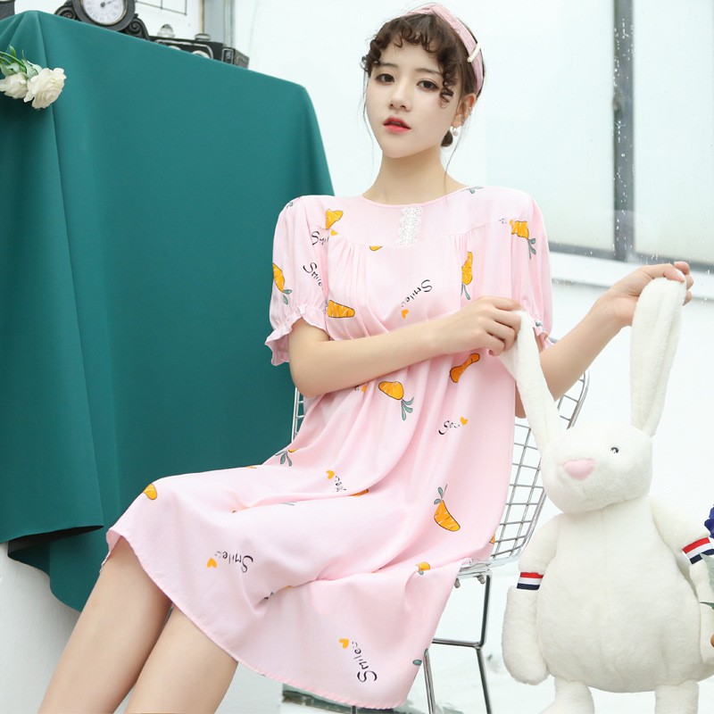 Đầm Ngủ Cotton Satin Dáng Rộng Cổ V Tay Ngắn Cho Nữ