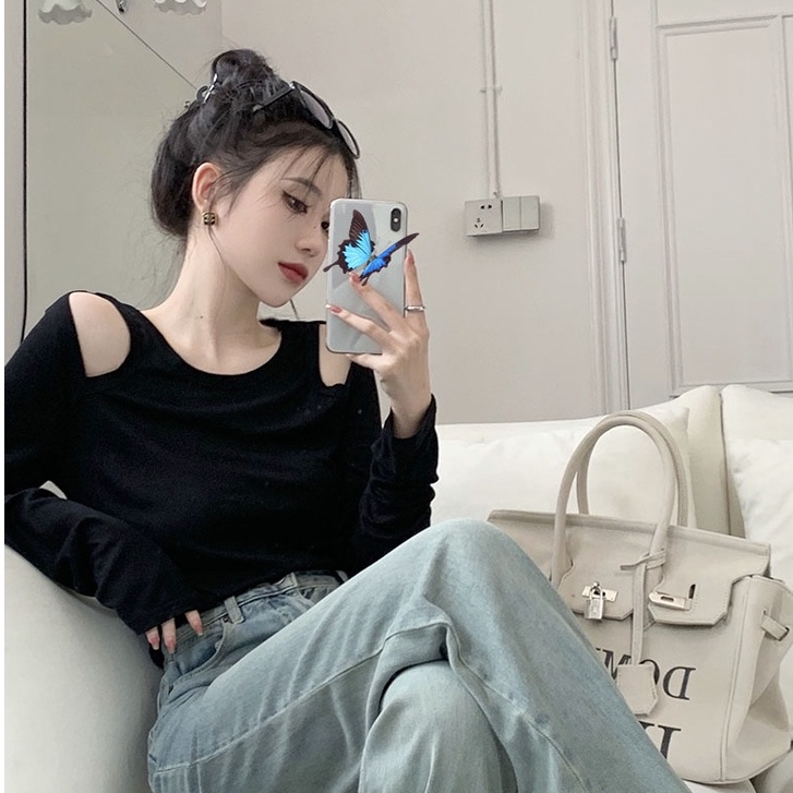 Áo croptop QKOOLE tay dài cổ tròn dáng ôm gợi cảm thời trang Hàn Quốc cho nữ