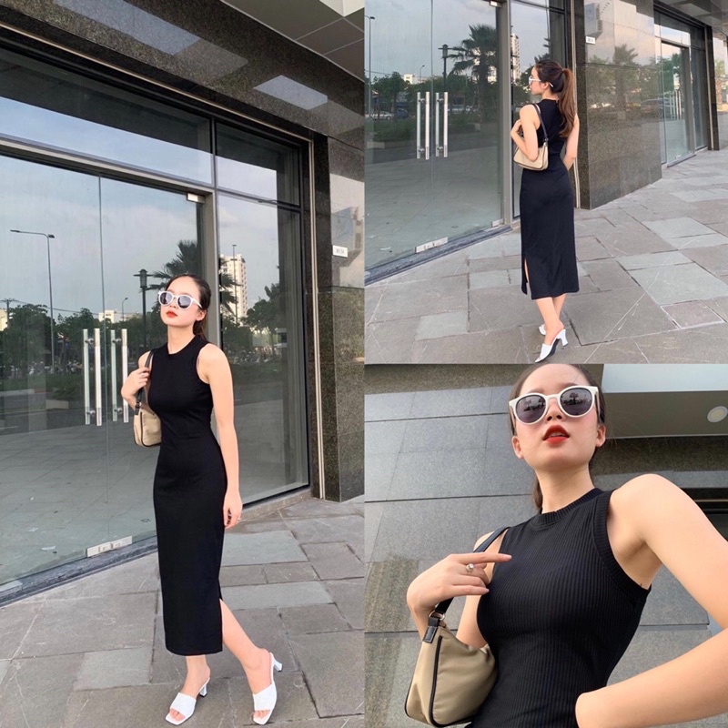 Đầm body sát nách 2 màu đen, cam vải thun gân tôn dáng khoe body sexy Sun Fashion