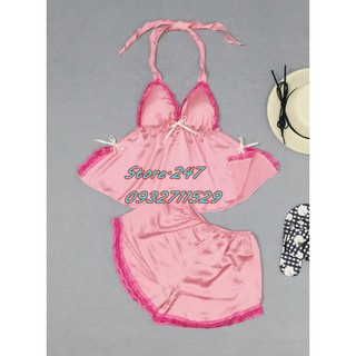 Bộ ngủ cột vai có mút sexy vải satin size dưới 55kg siêu mát siêu xinh lung linh