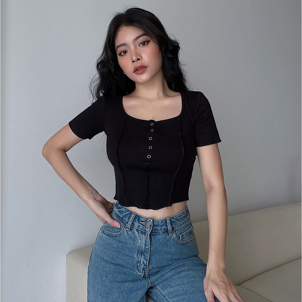 Áo croptop nữ ngắn tay body TOPTIFY phối nút bấm vắt sổ ngược Norah Top AC201