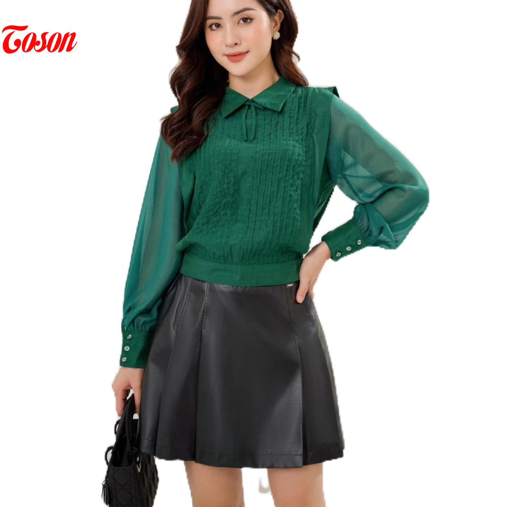 Chân váy đen giả da, dáng xếp ly xòe Toson 36529B82