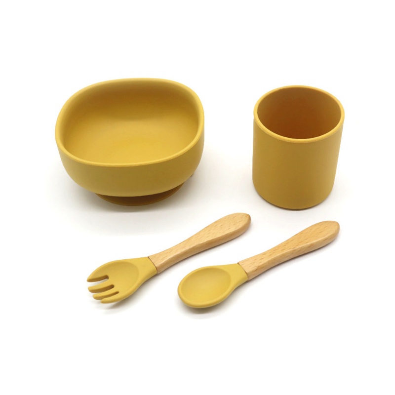 Bộ 4 Dụng Cụ Tập Ăn Gồm Muỗng / Nĩa / Cốc Hút Chất Liệu Silicone Cho Bé Sơ Sinh