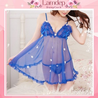 Bộ đồ lót nội y váy hai dây đính hoa nhí kèm quần lót lọt khe