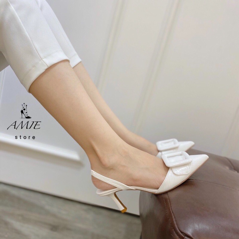 Giày Cao Gót Da Rắn Mũi Nhọn Khoá Vuông