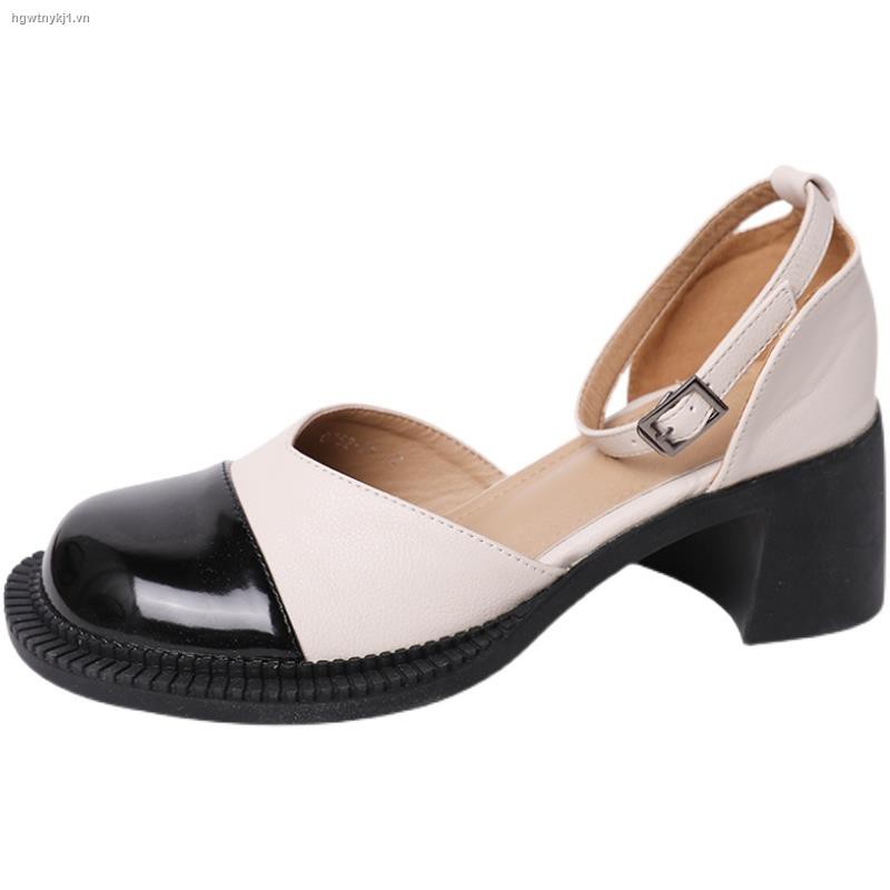 Giày sandal da mỏng cao gót thời trang Pháp mùa hè cho phái nữ