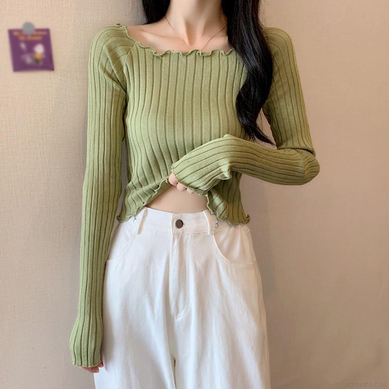 Áo dệt kim tay dài màu trơn dáng ôm thời trang mùa thu phong cách Hàn Quốc cho nữ