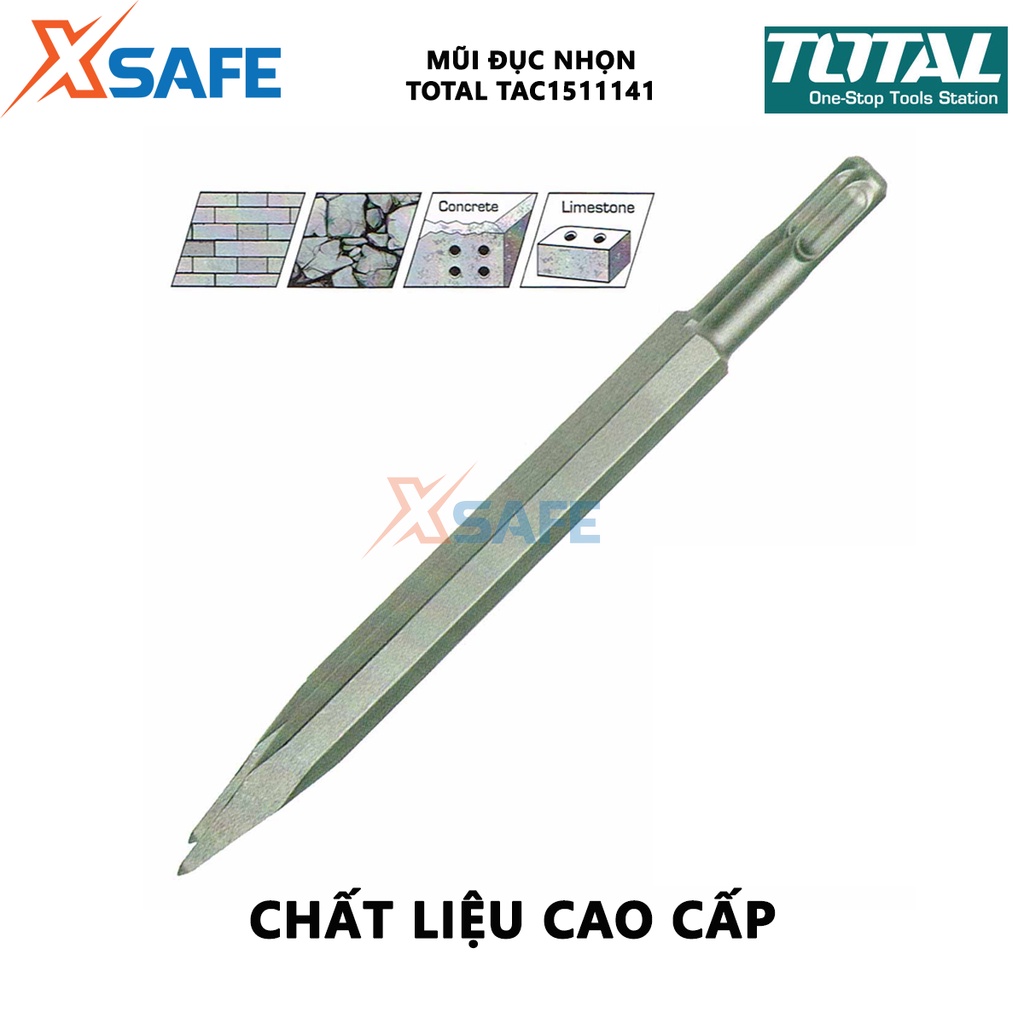 Mũi đục nhọn TOTAL TAC1511141 size 14x250mm, dùng đục, khoét các bề mặt cứng khác nhau như tường, bê tông